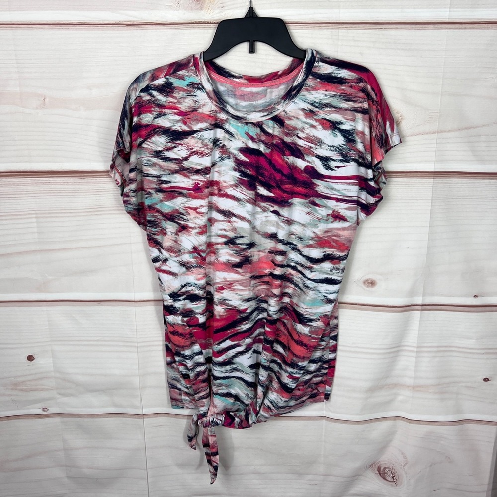 Jones New York Sport Top Women S Colorful Print T-Shirt Crew Neck Tie Front Knit